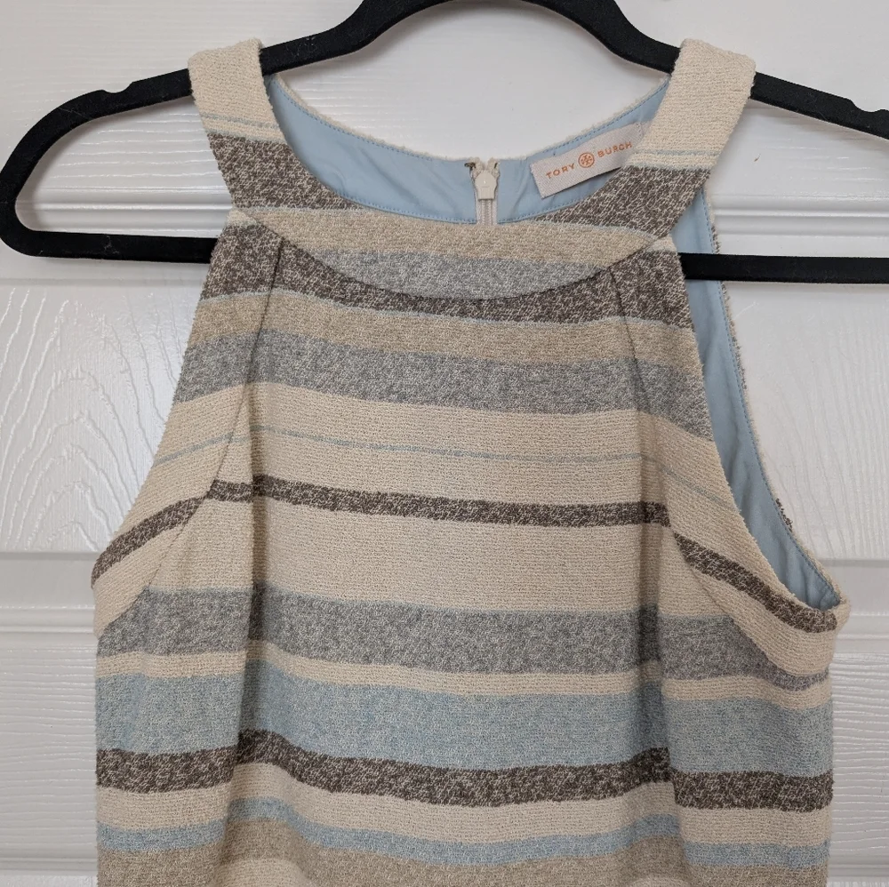 TORY BURCH Sleeveless Striped Fringe Halter Dress